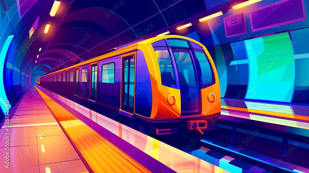 Train on subway station. Underground city metro railway illustration. Public rail transport cartoon background. Tunnel interior with passenger machine express arrival track. Screen and bench inside Train on subway station. Underground city metro railway illustration. Public rail transport cartoon background. Tunnel interior with passenger machine express arrival track. Screen and bench inside