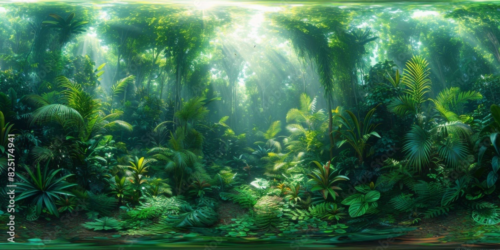 An immersive 360-degree panorama of a dense rainforest canopy, with sunlight filtering through the foliage and the sounds