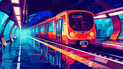 Train on subway station. Underground city metro railway illustration. Public rail transport cartoon background. Tunnel interior with passenger machine express arrival track. Screen and bench inside