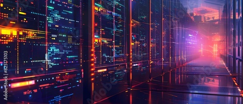 Futuristic Cityscape with Glowing Neon Lights and Holographic Displays in Simulated Reality