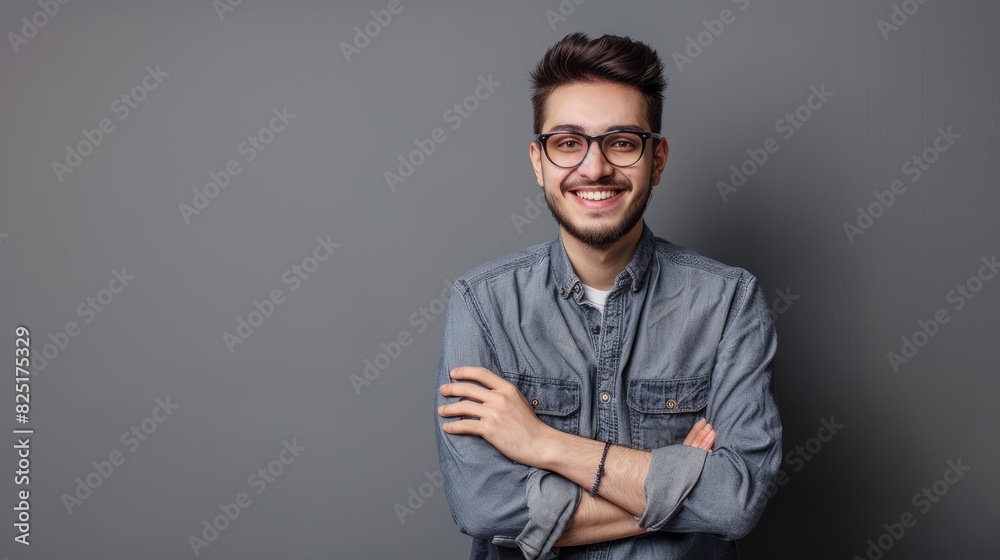 Portrait of young handsome smiling business guy wearing gray shirt and glasses, feeling confident with crossed arms, isolated on white background Portrait of young handsome smiling business guy wearing gray shirt and glasses, feeling confident with crossed arms, isolated on white background