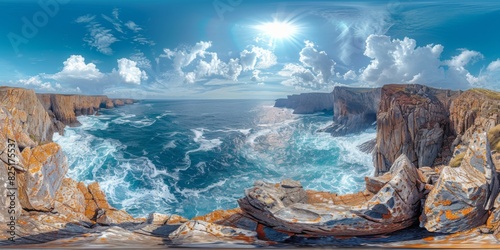 An immersive 360-degree panorama of a dramatic coastal cliff  with crashing waves and rugged rock formations sculpted by