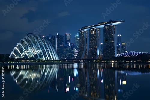 Majestic Skyline of Singapore s Marina Bay with Iconic Supertree Grove and Illuminated Cityscape at Night photo