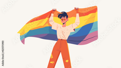 A young non-binary person with short hair and casual clothing, joyfully holding a rainbow flag high above their head, standing confidently on a white background in a simple flat design vector