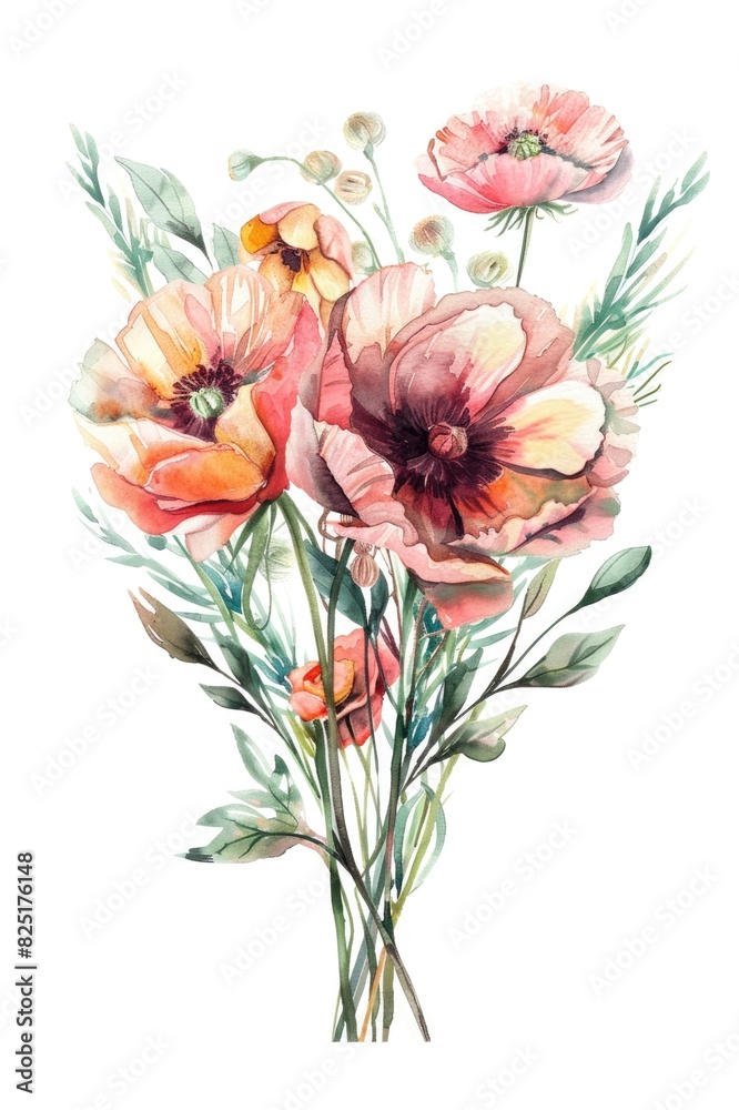 A delicate watercolor painting depicts a bouquet of assorted flowers A delicate watercolor painting depicts a bouquet of assorted flowers