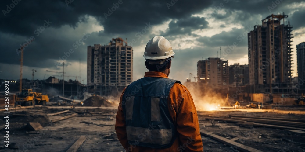 A construction worker supervising the process of the work. Back shot with view of the work in process with defocused background. A construction worker supervising the process of the work. Back shot with view of the work in process with defocused background.