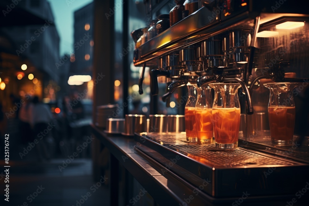 Steaming hot coffee pouring from machine against blurred background of a bustling restaurant