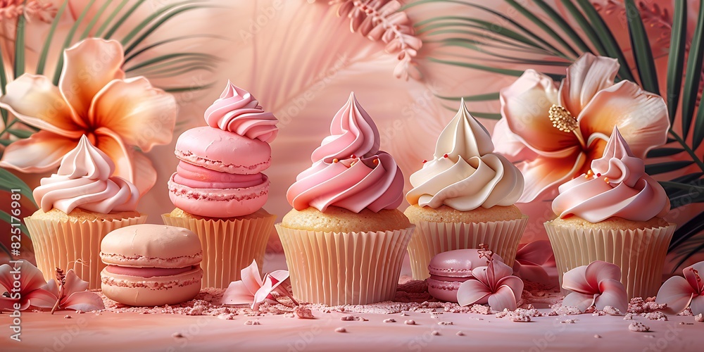 A vibrant and artistic arrangement of cupcakes and macarons with tropical flowers and palm leaves. A vibrant and artistic arrangement of cupcakes and macarons with tropical flowers and palm leaves.