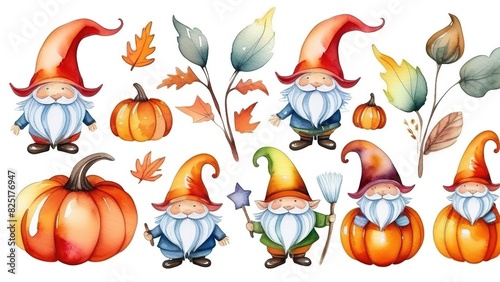 Watercolor gnomes  pumpkins  autumn leaves on a white isolated background  Happy Halloween holiday  different Halloween elements on a white background.