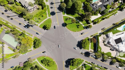 Beverly Hills Aerial 2024 - Top down and rising to reveal streets and famous intersection 
