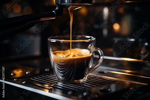 Pouring freshly brewed coffee from machine in a restaurant setting with a blurred background