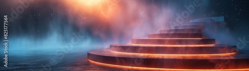 Surreal glowing stairway ascending into the mist with a mystical, otherworldly atmosphere, perfect for fantasy or sci-fi themes.