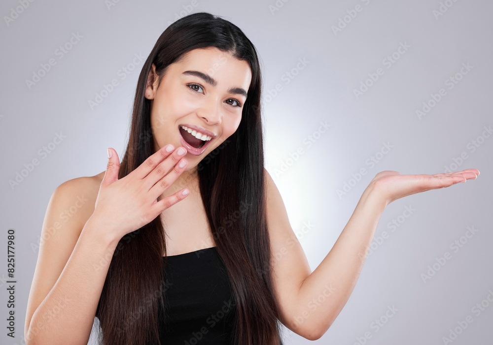 Portrait, shock and hand for woman and product placement, beauty or studio white background. Mock up, selfcare or cosmetic or dermatology, spa and salon treatment promotion or deal for female person Portrait, shock and hand for woman and product placement, beauty or studio white background. Mock up, selfcare or cosmetic or dermatology, spa and salon treatment promotion or deal for female person