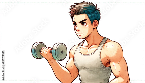 Japanese Man with Short Hair Using Dumbbells at Gym