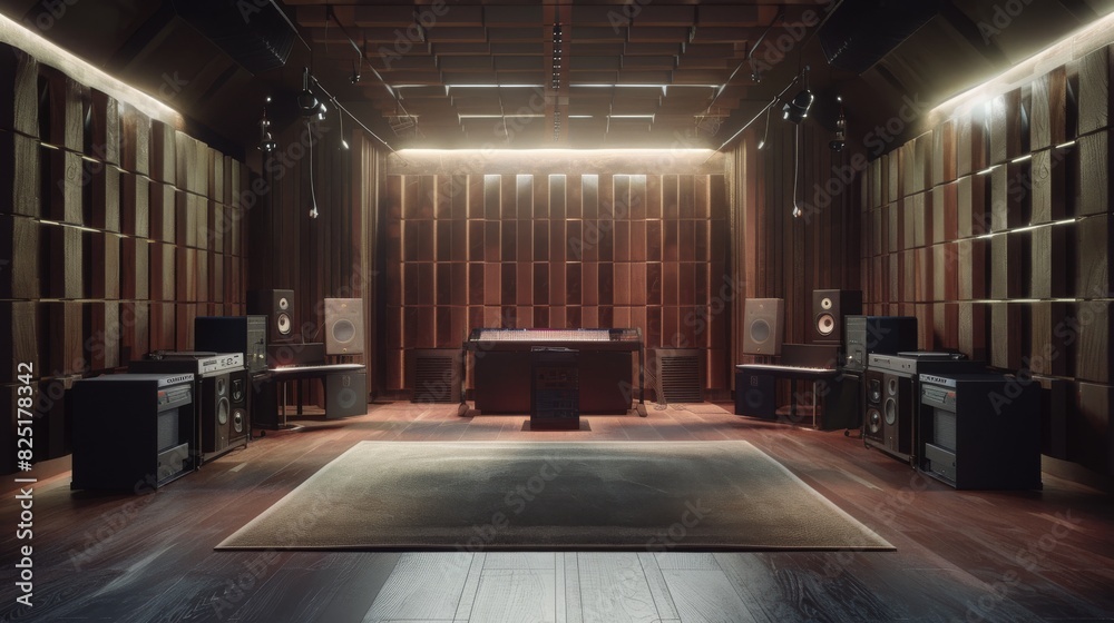 A studio with a large desk and a microphone A studio with a large desk and a microphone