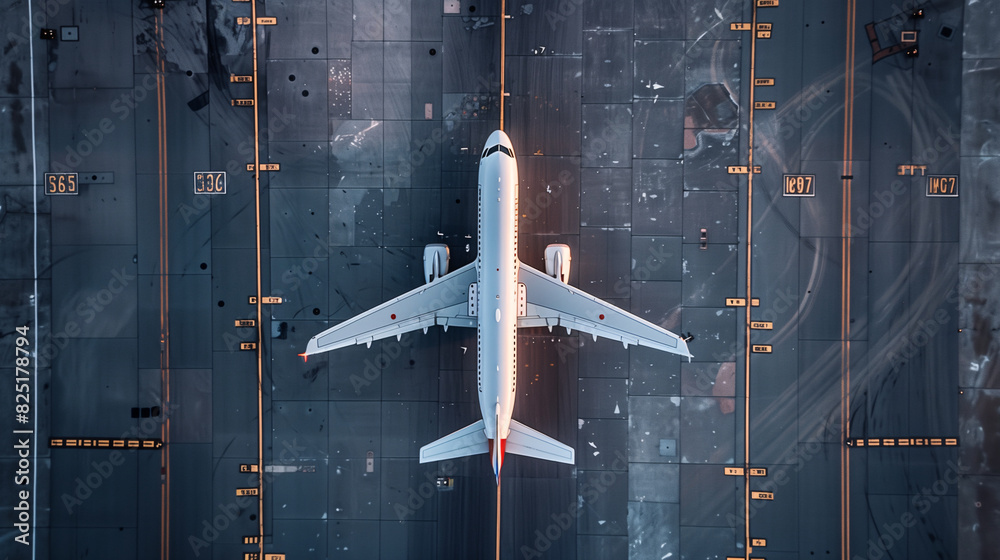 Top view of a commercial airplane is parked at an new airport runway, preparing to take off. Top view of a commercial airplane is parked at an new airport runway, preparing to take off.