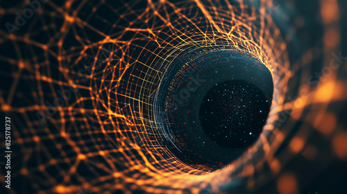 Digital Network Tunnel with Glowing Orange Grid