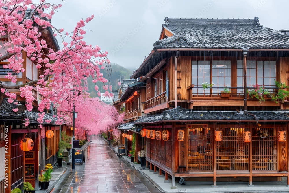 Obraz premium Charming Street Lined With Wooden Buildings Covered in Pink Flowers