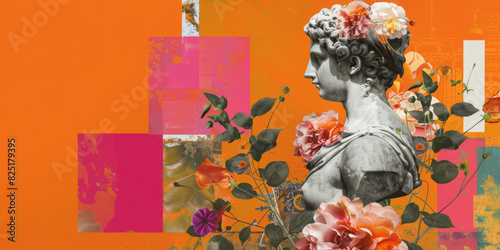 Classical Sculpture with Floral Elements and Vibrant Abstract Background