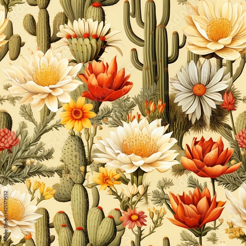 Southwestern Floral Pattern: A seamless pattern with desert flowers and cacti, using earthy tones and Southwestern motifs.
