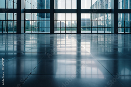 Through the floor-to-ceiling windows. Office Sky Contemporary Interior Room Modern Concept.
