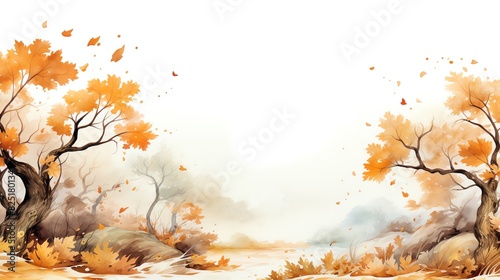 Watercolor painting of an autumn forest with trees and leaves