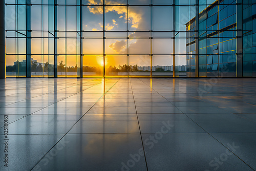 Through the floor-to-ceiling windows. Office Sky Contemporary Interior Room Modern Concept. photo