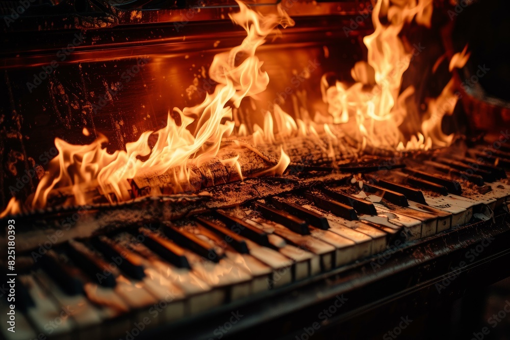 Artistic image featuring a piano consumed by vibrant flames