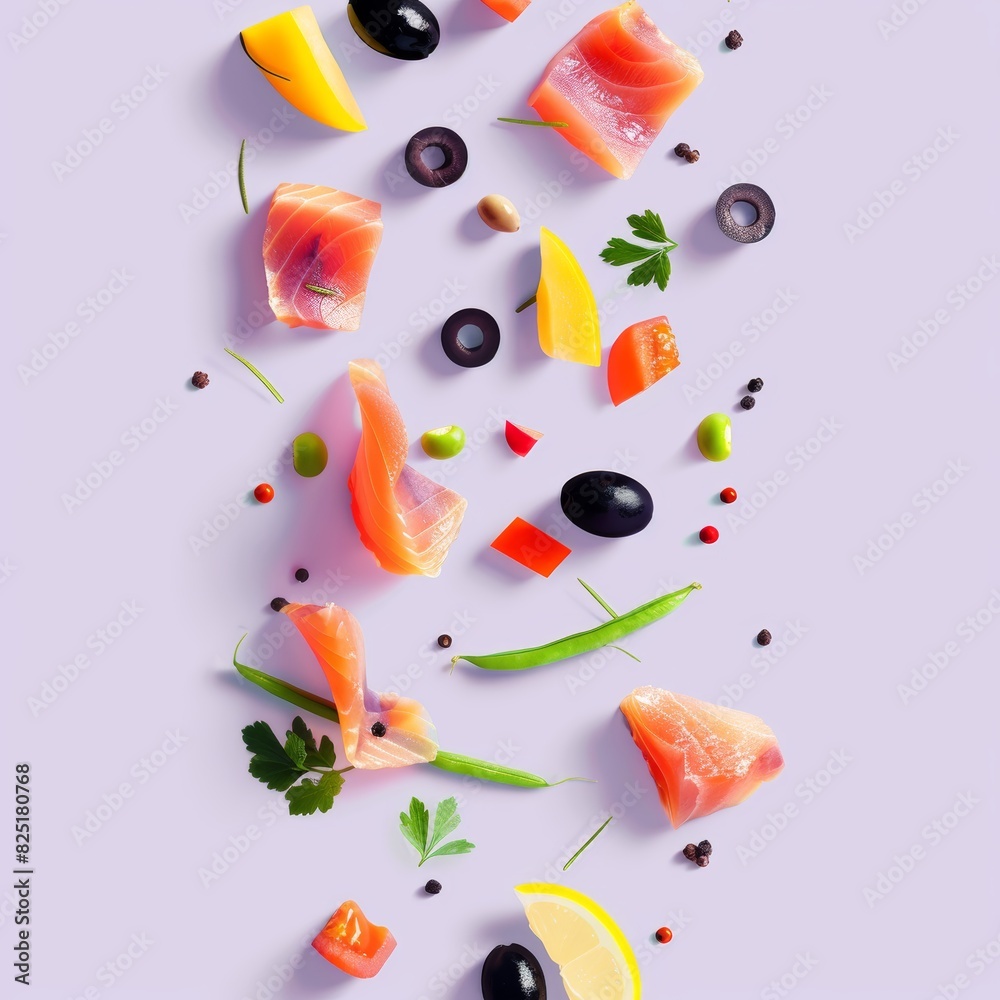 Nicoise Salad Ingredients Floating on Pastel Lavender Background - Perfect for Advertising Banners, Posters, and Print Designs Nicoise Salad Ingredients Floating on Pastel Lavender Background - Perfect for Advertising Banners, Posters, and Print Designs