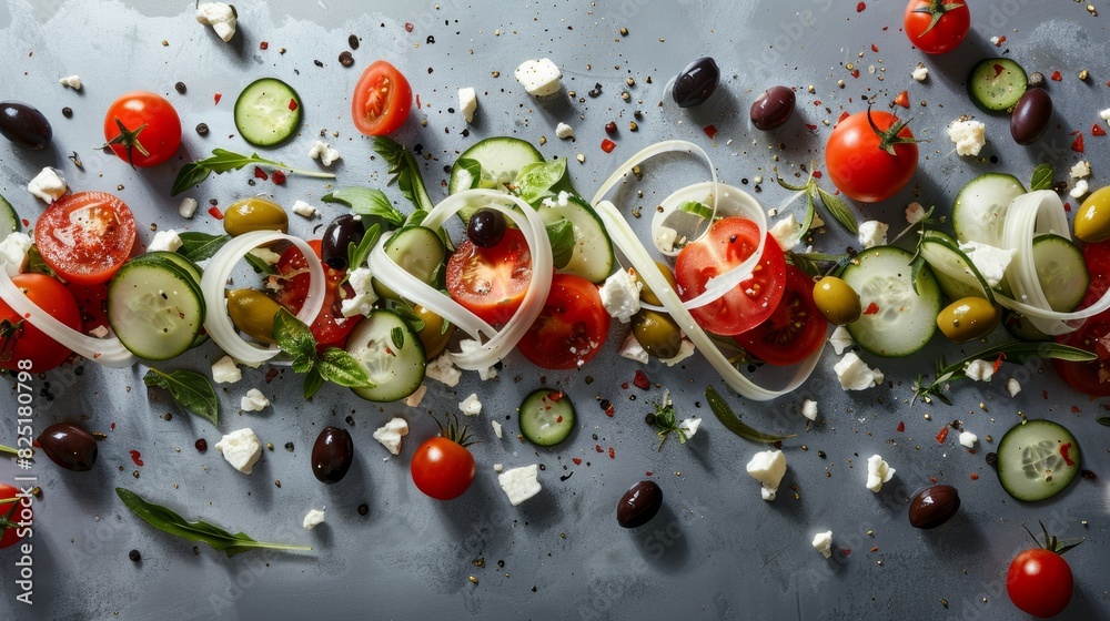 Elegant Greek Salad Ingredients Floating for Advertising Banner Design - Tomatoes, Cucumbers, Olives, Feta Elegant Greek Salad Ingredients Floating for Advertising Banner Design - Tomatoes, Cucumbers, Olives, Feta
