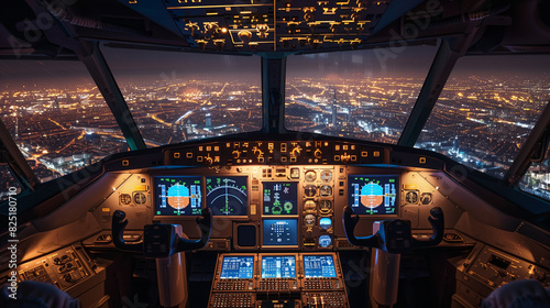 View inside a cockpit in an airplane that flying in the sky above city at night view with clear sky. photo