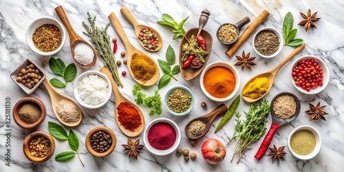 Knolling spices and herbs on a white marble stone table top. Food and cuisine ingredients. The concept of healthy and tasty food. Background for menu, invitation, card, banner, flyer