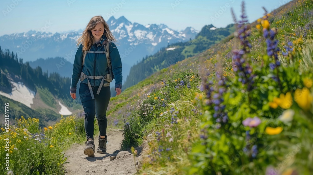 Naklejka premium Young Woman Hiking on a Mountain Trail in Springtime, Embracing Nature and Adventure, Suitable for Outdoor Travel and Fitness Themes