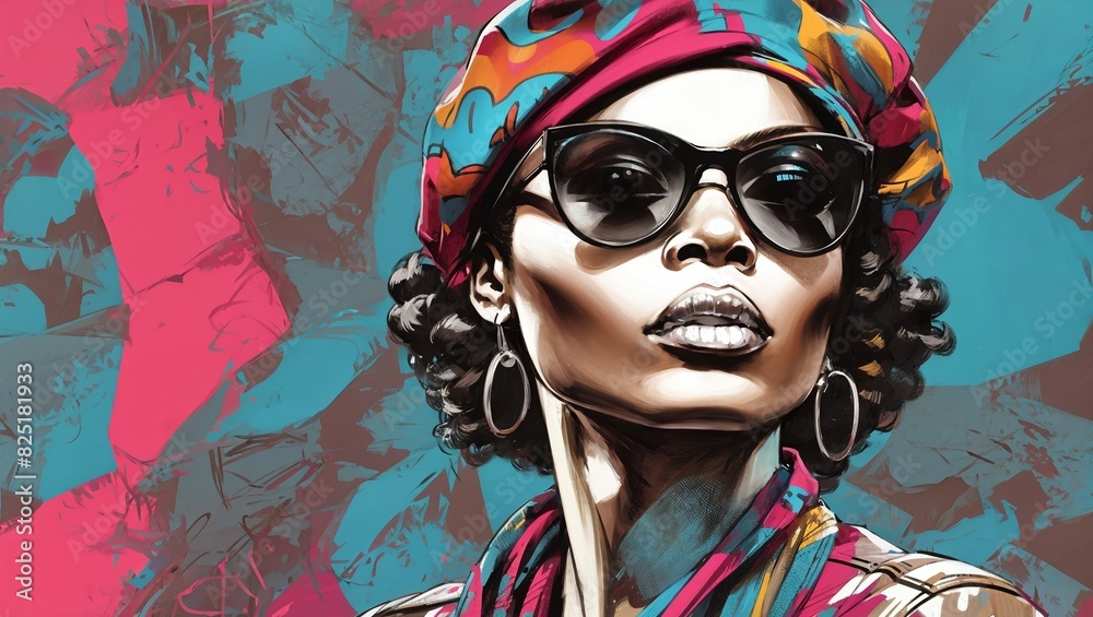 An African American woman wearing a colorful scarf and sunglasses.