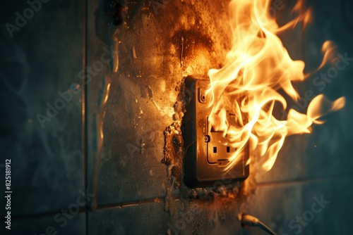 Dangerous fire emerges from an electrical outlet, illustrating a home safety hazard photo