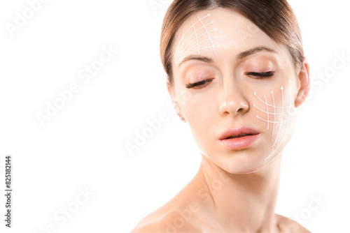 Beautiful female face with closed eyes and marking, base lifting lines and white arrows on the skin, isolated on white.