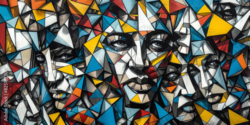 Vibrant Abstract Geometric Art Featuring Human Faces in a Kaleidoscope of Colors © inspiring 