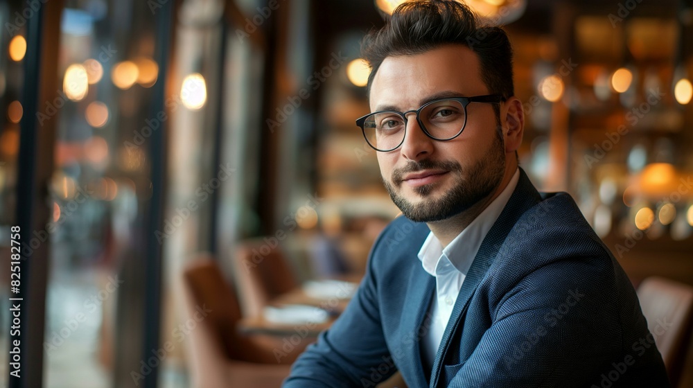 Confident Businessman In Cafe Wearing Glasses And Suit Confident Businessman In Cafe Wearing Glasses And Suit