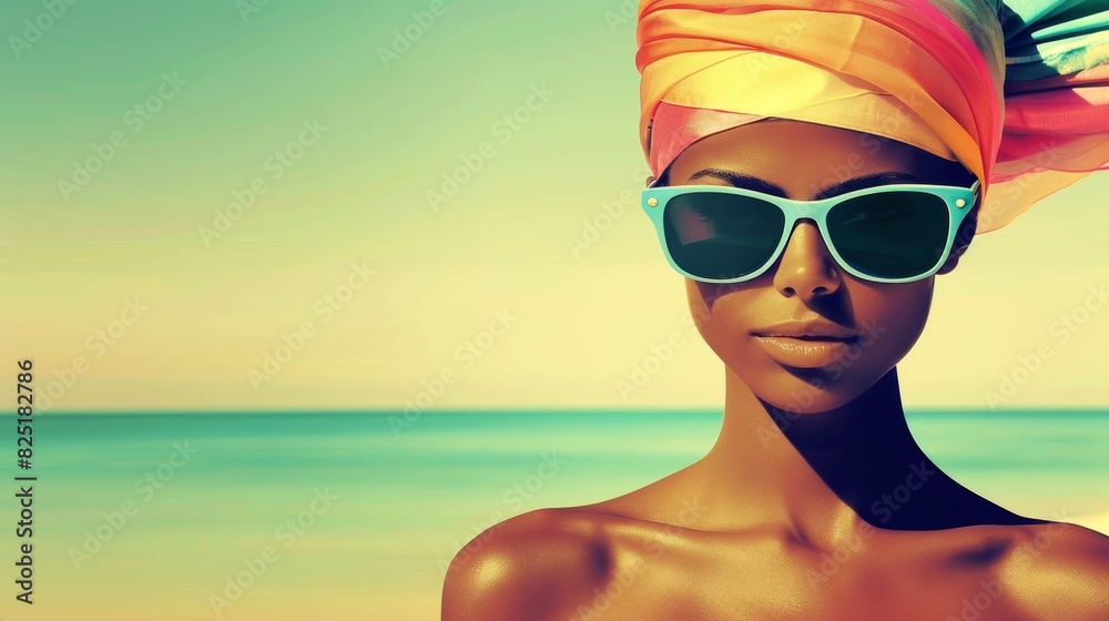 An African American woman wearing sunglasses and a colorful scarf is standing on a beach. Icon An African American woman wearing sunglasses and a colorful scarf is standing on a beach. Icon