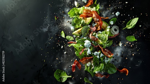 Elegant and Dramatic Cobb Salad Ingredients Floating Against Black Background for Premium Restaurant Menu Design photo