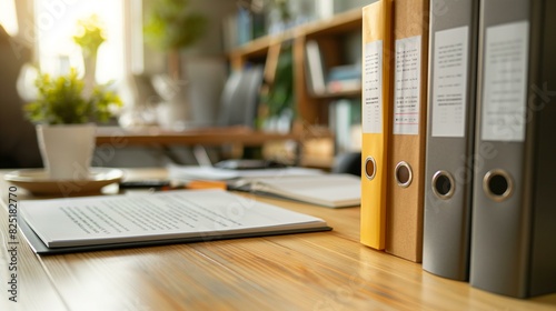 Office Desk with Binders and Documents in a Modern Work Environment