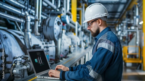 Engineer Working on Laptop in Smart Factory for Process Automation