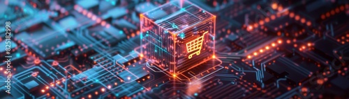 Online shopping and technology fusion, shopping cart icon inside a glowing cube surrounded by complex circuits photo