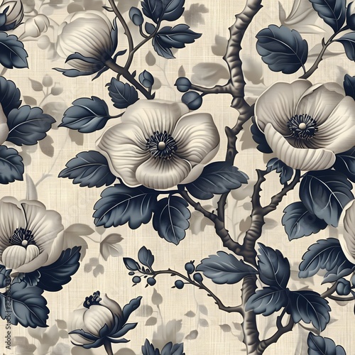 Elegant Floral Pattern in Toile de Jouy Style A Harmonious Blend of Petals Leaves and Stems