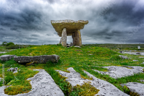 Poulnabrone dolmen in Burren geopark, Ireland, with dramatic cloud sky