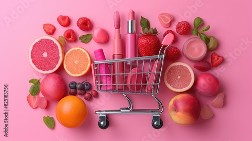 shopping cart with cosmetic products. Shopping concept. Created with generative AI.
