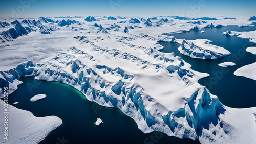 Drone aerial view of Antarctic glaciers, icy and snowy terrain, magnificent scenery, background and banners photo