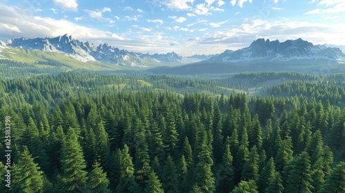 Summer scene aerial perspective of the forest pine trees and mountains