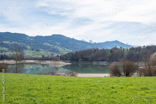 Ruine du château de l'île d'Ogoz et lac de la Gruyère au printemps photo