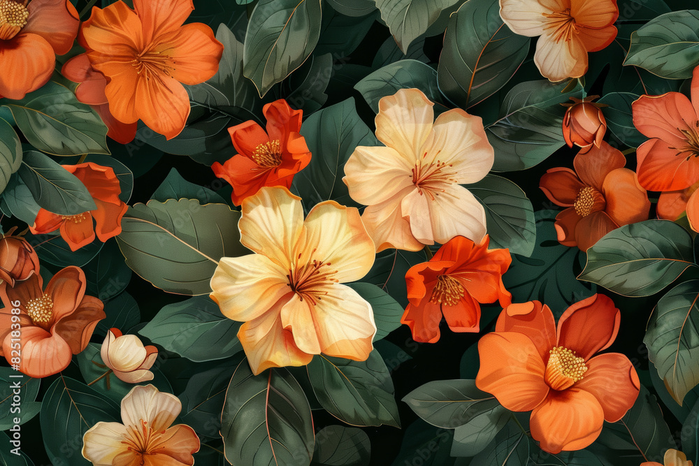 custom made wallpaper toronto digitalTropical Floral Pattern with Vibrant Hibiscus and Leaves, Botanical Art